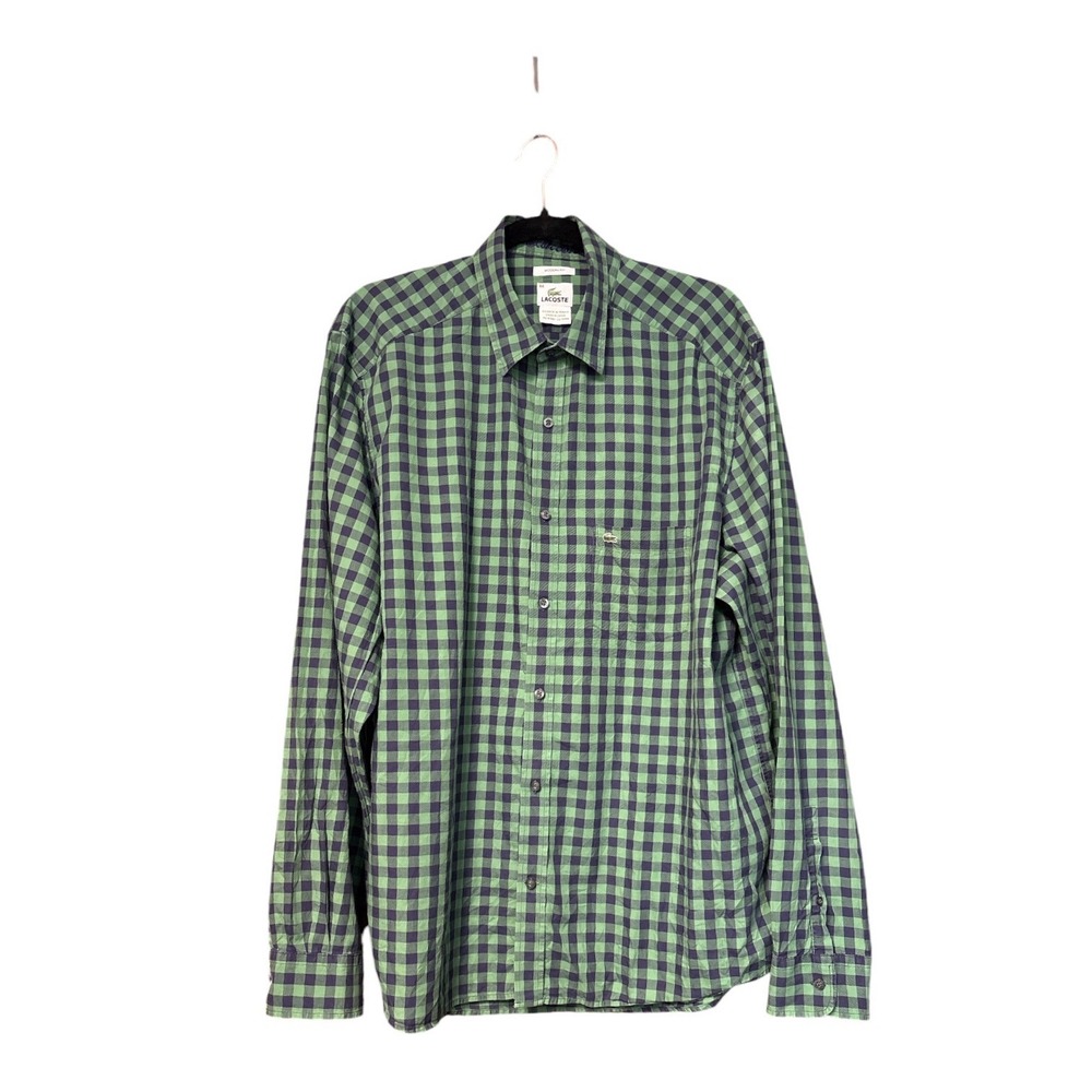 Lacoste Men's 44 XL Modern Fit Green Navy Gingham Cotton Button Up Shirt